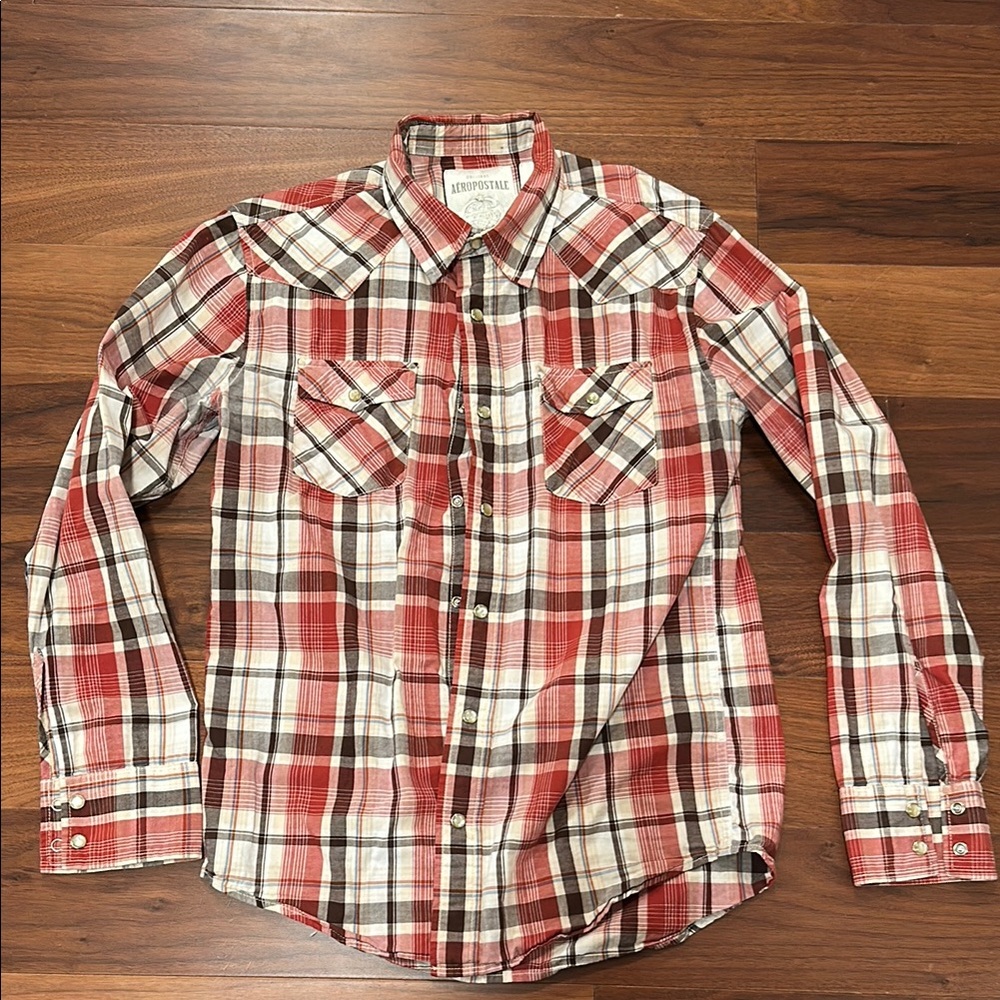 Aeropostale Red and White Casual Button Down Shirt